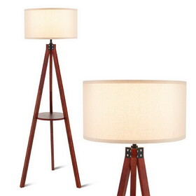 Costway 72548931 Tripod Floor Lamp Wood Standing Lamp with Flaxen Lamp Shade and E26 Lamp Base-Brown