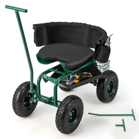 Costway 62871349 Rolling Garden Cart with Height Adjustable Swivel Seat and Storage Basket-Green