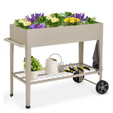 Costway 65839417 Metal Raised Garden Bed with Storage Shelf Hanging Hooks and Wheels-Light Brown