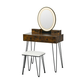 Costway 73509624 Vanity Table Set with 3-Color Lighted Dimmable Mirror-Brown