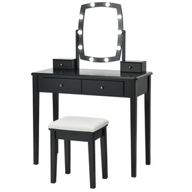Costway 30798541 Vanity Table Set with Lighted Mirror for Bedroom and Dressing Room-Black