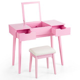 Costway 48736501 Makeup Vanity Table Set with Flip Top Mirror and 2 Drawers-Pink