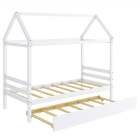 Costway 15239764 Twin House Bed Frame with Trundle Roof Wooden Platform Mattress Foundation-White