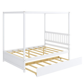 Costway 57906241 Full Size Canopy Bed with Trundle Wooden Platform Bed Frame Headboard-White