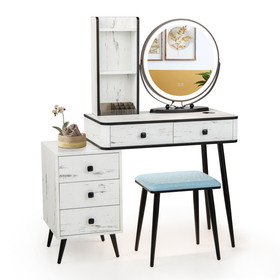 Costway 53619728 Vanity Table Set with 3-Color Lighted Mirror and Cushioned Stool-White