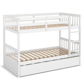 Costway 42569381 Twin Over Twin Bunk Bed with Pull-out Trundle and Ladder-White