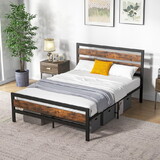 Costway Full/Queen Industrial Bed Frame with Rustic Headboard and Footboard-Full Size