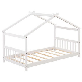 Costway 58126473 Twin Size Wooden House Bed with Roof-White