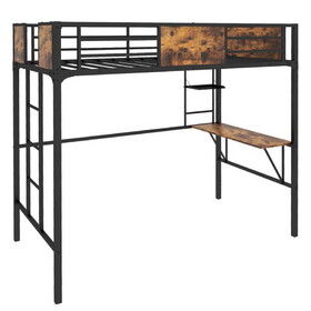 Costway 93874562 Twin Size Industrial Metal Loft Bed with Desk Storage Shelf and Build-in Ladder