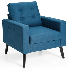 Costway 21594076 Mid-Century Upholstered Armchair Club Chair with Rubber Wood Legs-Blue