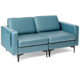 Costway 29438651 Modern Loveseat Sofa Couch with Side Storage Pocket and Sponged Padded Seat Cushions-Blue