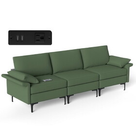 Costway Large 3-Seat Sofa Sectional with Metal Legs and 2 USB Ports for 3-4 people-Green