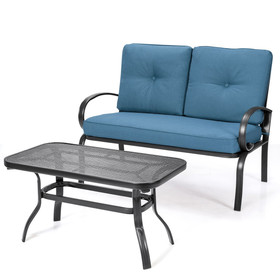 Costway 41736289 2 Pieces Patio Outdoor Cushioned Coffee Table Seat-Blue