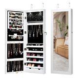 Costway 08914573 Lockable Wall Mount Mirrored Jewelry Cabinet with LED Lights-White