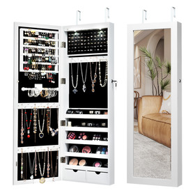 Costway 08914573 Lockable Wall Mount Mirrored Jewelry Cabinet with LED Lights-White