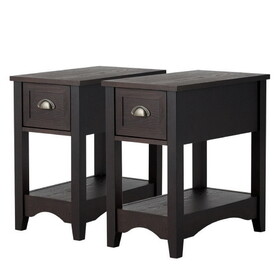 Costway 2 Pieces Retro Narrow Tiered End Table with Drawer and Storing Shelf-Brown
