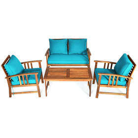 Costway 35641720 4 Pieces Wooden Patio Furniture Set Table Sofa Chair Cushioned Garden