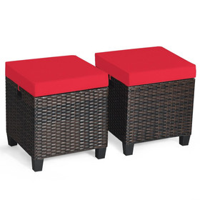 Costway 87142530 2Pcs Patio Rattan Ottoman Cushioned Seat-Red