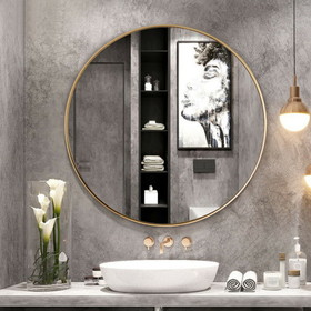 Costway 03675921 27.5" Modern Metal Wall-Mounted Round Mirror for Bathroom-Golden