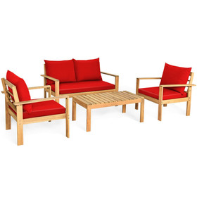 Costway 34209871 Outdoor 4 Pieces Acacia Wood Chat Set with Water Resistant Cushions-Red