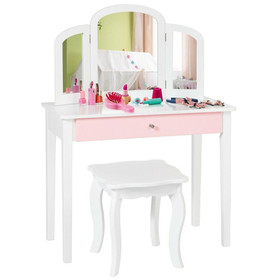 Costway 79280654 Kids Princess Make Up Dressing Table with Tri-folding Mirror and Chair-White