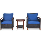 Costway 36891502 3 Pieces Patio Rattan Furniture Set with Washable Cushion and Acacia Wood Tabletop-Blue