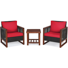 Costway 47029356 3 Pieces Acacia Wood Patio Furniture Set with Coffee Table-Red