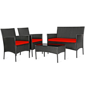 Costway 31250647 4 Pcs Patio Rattan Cushioned Sofa Furniture Set with Tempered Glass Coffee Table-Red