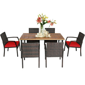 Costway 39746208 7Pcs Patio Rattan Cushioned Dining Set with Umbrella Hole-Red