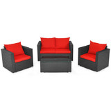 Costway 69184750 4 Pieces Patio Rattan Conversation Set with Padded Cushion and Tempered Glass Coffee Table-Red