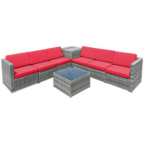 Costway 01463958 8 Piece Wicker Sofa Rattan Dinning Set Patio Furniture with Storage Table-Red