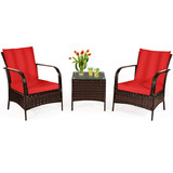 Costway 45071892 3 Pcs Patio Conversation Rattan Furniture Set with Glass Top Coffee Table and Cushions-Red