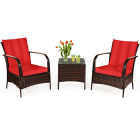 Costway 45071892 3 Pcs Patio Conversation Rattan Furniture Set with Glass Top Coffee Table and Cushions-Red
