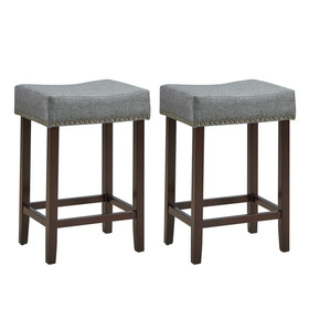 Costway 87413602 2 Pieces Nailhead Saddle Bar Stools with Fabric Seat and Wood Legs-Gray
