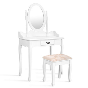 Costway 76832591 Wooden Vanity Makeup Set with Cushioned Stool and Oval Rotating Mirror