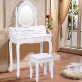 Costway 31960785 Vanity Table Set with Cushioned Stool with 360° Rotating Oval Mirror and Three Drawers-White