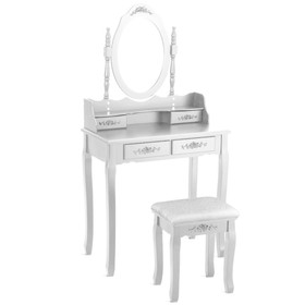 Costway 20184759 Wood Vanity Table Set with Oval Mirror and 4 Drawers for Kids Girls Women-White