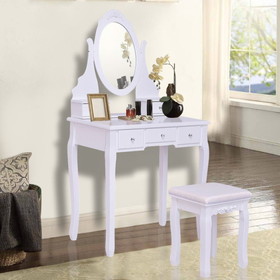 Costway 32716540 Wooden Vanity Set with 360&#176; Rotating Oval Mirror and Cushioned Stool-White