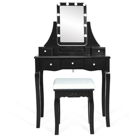 Costway 20174386 10 Dimmable Light Bulbs Vanity Dressing Table with 2 Dividers and Cushioned Stool-Black