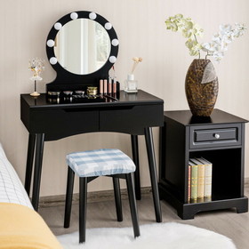 Costway 51792038 Dressing Table with Large Round Mirror and 8 Light Bulbs for Bedroom-Black