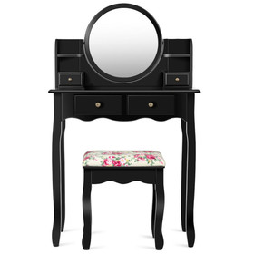 Costway 12745986 Makeup Vanity Table Set Girls Dressing Table with Drawers Oval Mirror-Black