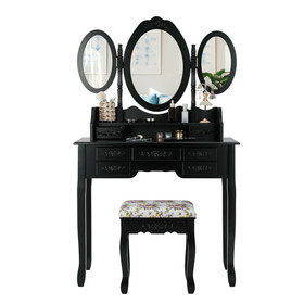 Costway 36450187 7 Drawer Tri-Folding Mirror Dressing Vanity Makeup Set-Black