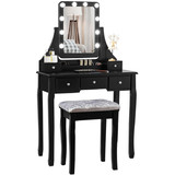 Costway 32694180 Vanity Dressing Table Set with 10 Dimmable Bulbs and Cushioned Stool-Black
