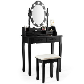 Costway 20781436 Makeup Vanity Dressing Table Set with Dimmable Bulbs Cushioned Stool-Black