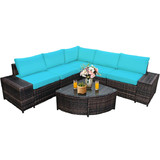Costway 41930562 6 Piece Wicker Patio Sectional Sofa Set with Tempered Glass Coffee Table-Turquoise