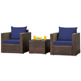 Costway 54239871 3 Pcs Patio Conversation Rattan Furniture Set with Cushion-Blue