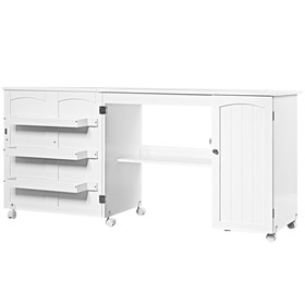 Costway 48163950 Folding Sewing Table Shelves Storage Cabinet Craft Cart with Wheels-White