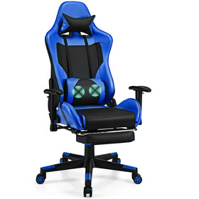 Costway 74285631 PU Leather Gaming Chair with USB Massage Lumbar Pillow and Footrest -Blue