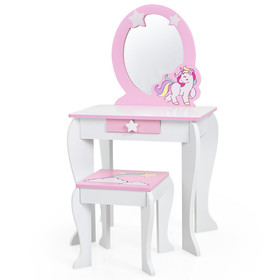 Costway 08729465 Kids Wooden Makeup Dressing Table and Chair Set with Mirror and Drawer-White