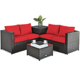 Costway 24683051 4 Pieces Outdoor Patio Rattan Furniture Set with Cushioned Loveseat and Storage Box-Red